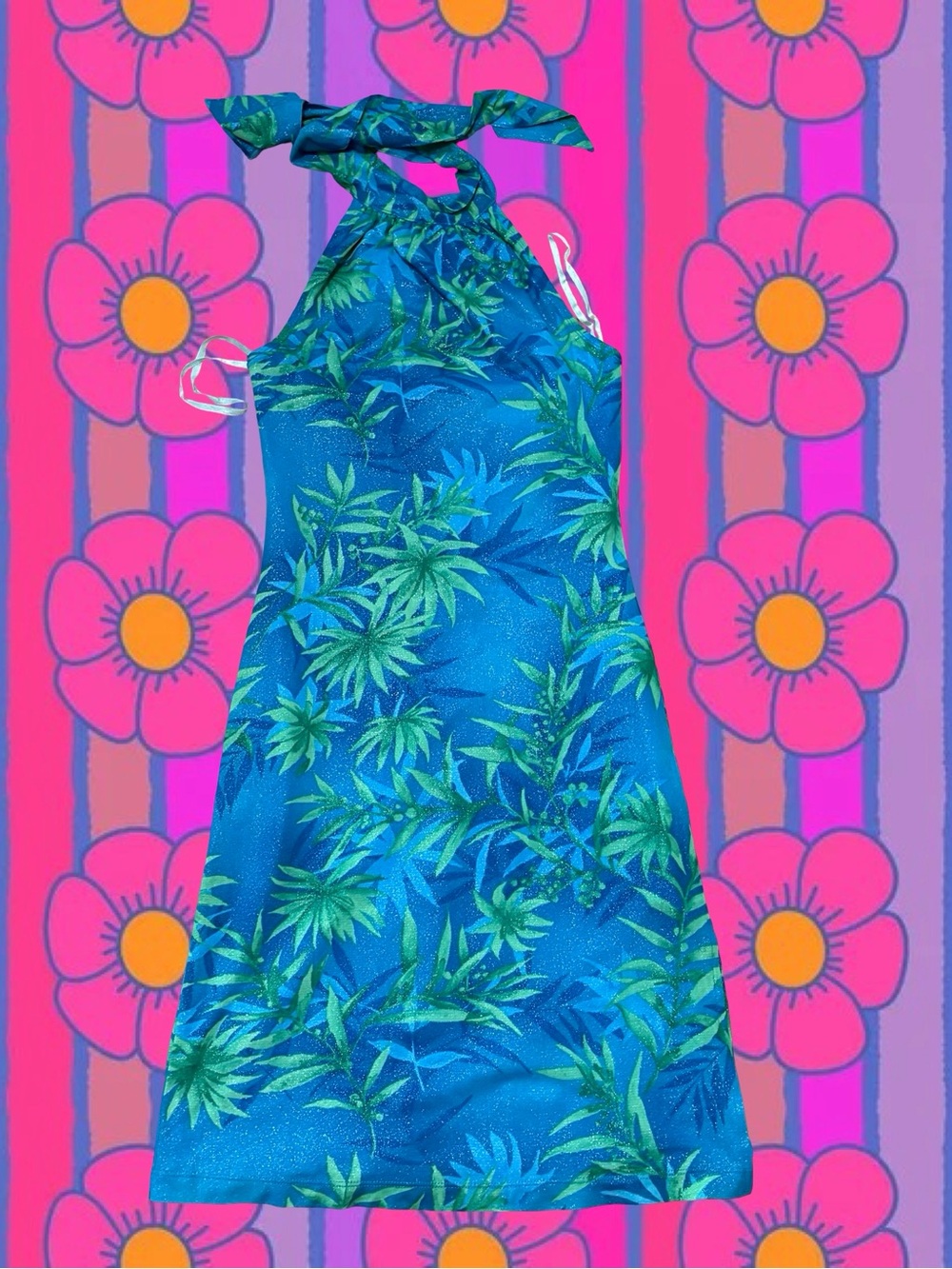 90s/Y2K GUESS Bright Turquoise Shimmery Halter Dress with Green Leaf Accents